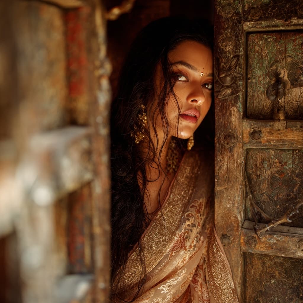 AI generated: A breathtakingly beautiful, voluptuous, curvy Indian woman stands gracefully at the threshold of an ...