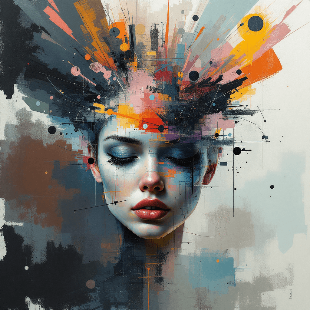 AI generated: A predominantly abstract portrait of a woman in a fantastical setting. Her form is fragmented and fl...