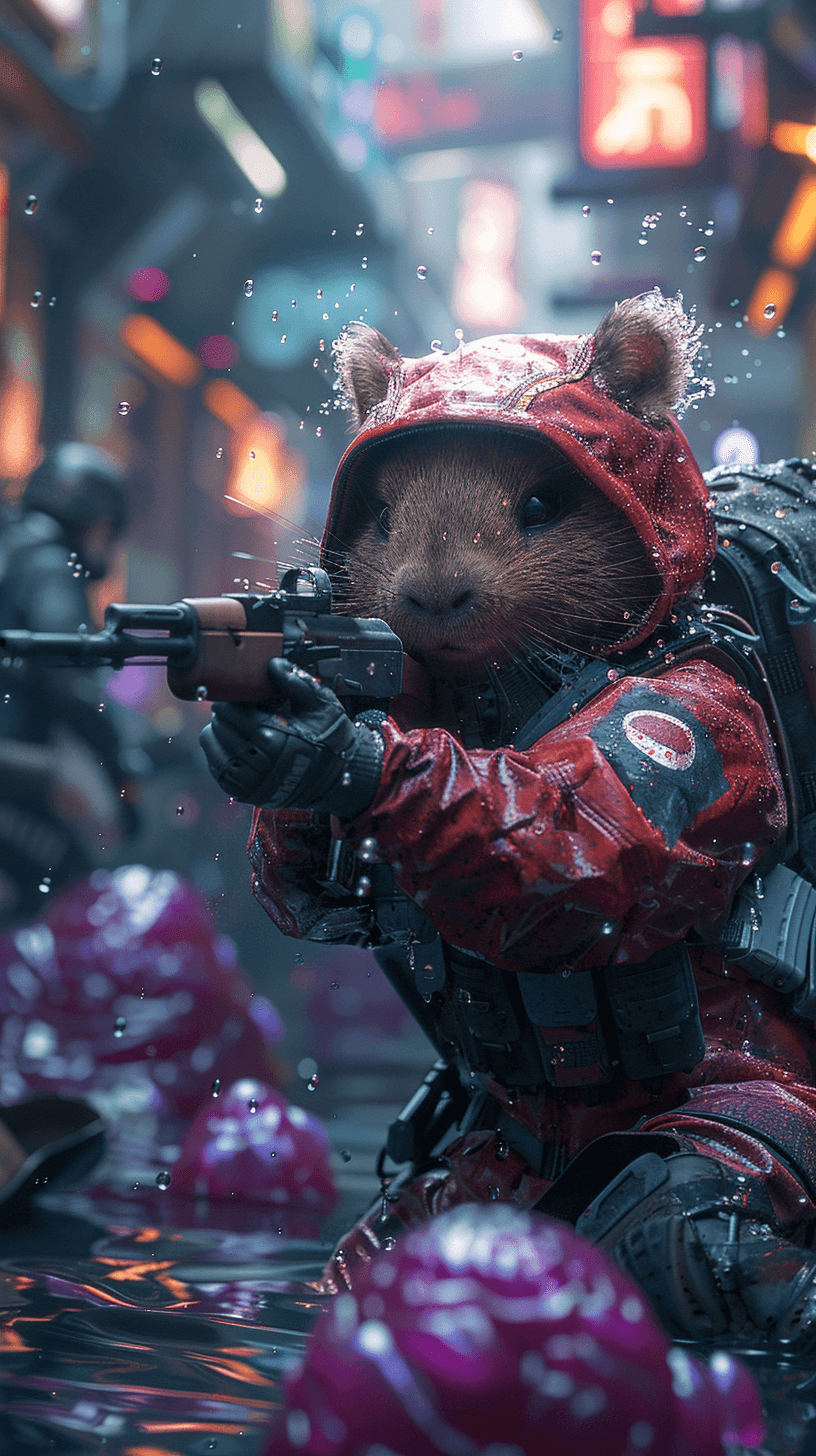 AI generated: capybara's army, armed with AK-47, with Nike sneakers on their feet, fighting a giant slime, purple ...