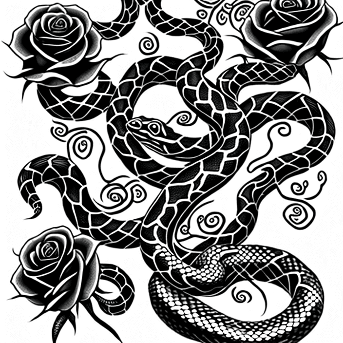 AI generated: snakes with flowers, tattoo sketch, smooth transitions, black patterns, more details, more flowers, ...