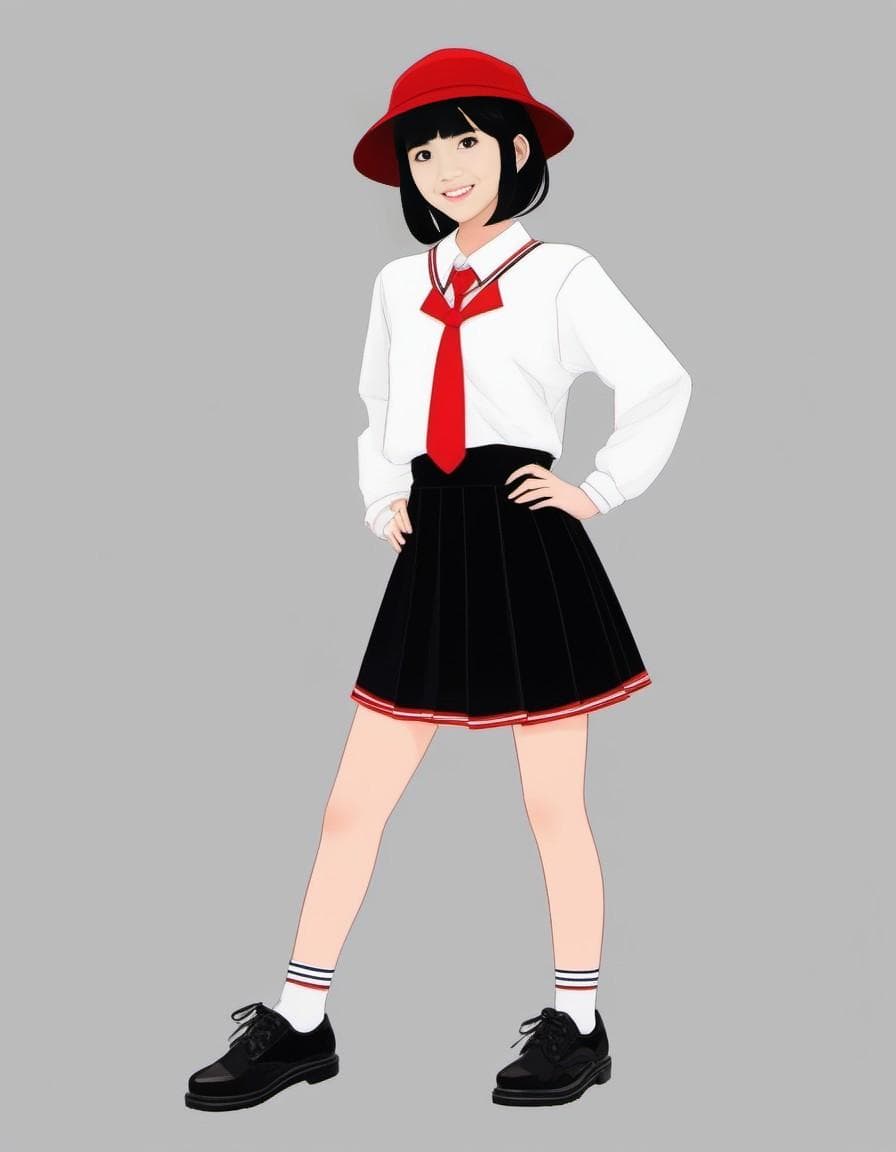 AI generated: Photograph, f/5, very short black hair with choppy bangs, Japanese smiling thin girl wearing red ski...