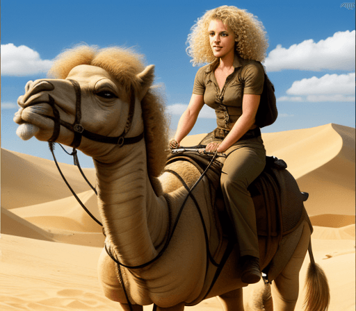 AI generated: Macgyver from the tv show riding on a camel with a swedish girl with curly hair
