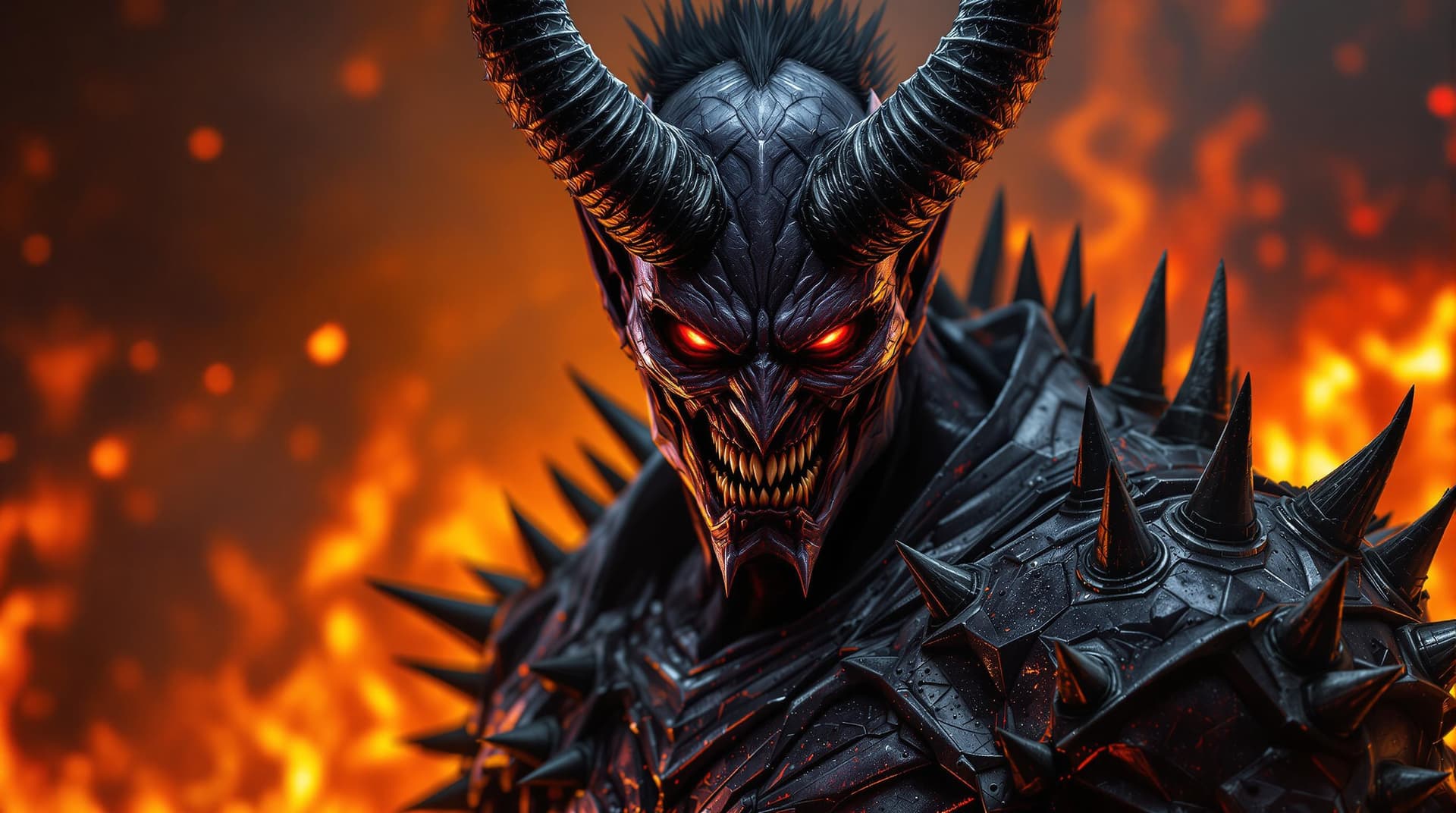 AI generated: Brutal devil looking fighter, bark fire background,4k, carbon armor with spikes, 