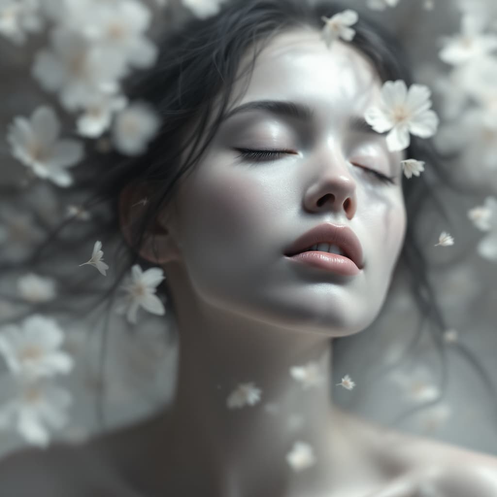 AI generated:  Create an ethereal and soft-focus image featuring a female figure with a fair skin tone. Her head i...