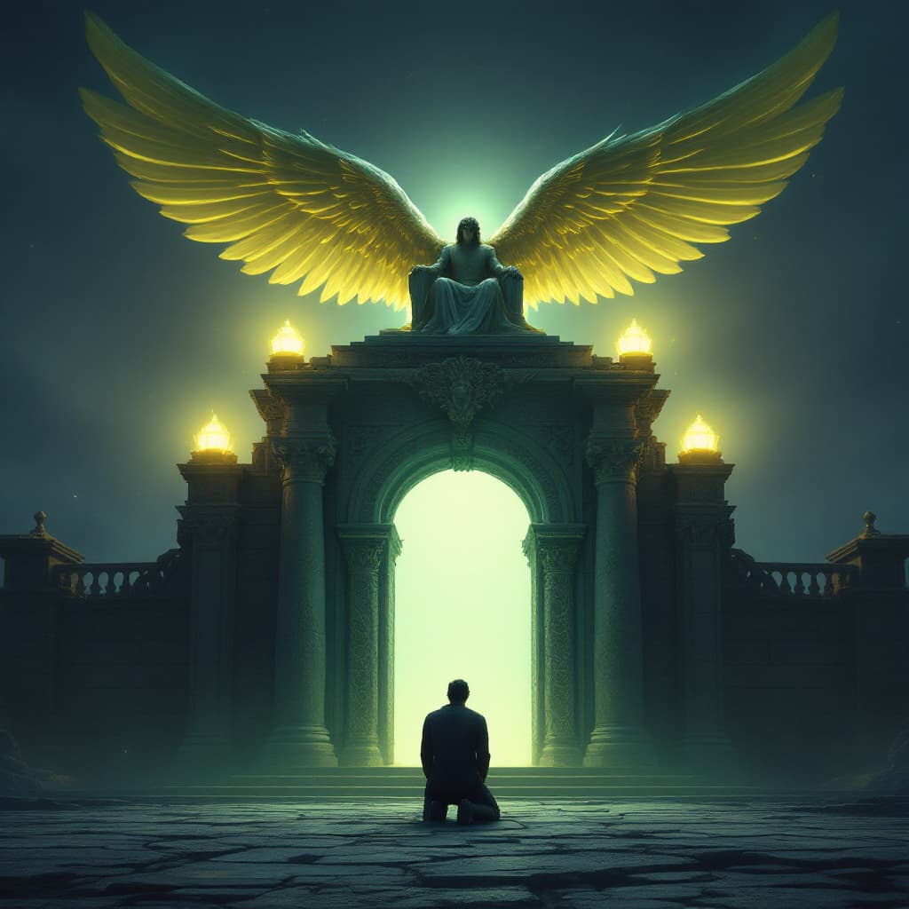 AI generated: Man knealing in front of the stand alone gate, both side of gate are accompanied with two glowing bu...