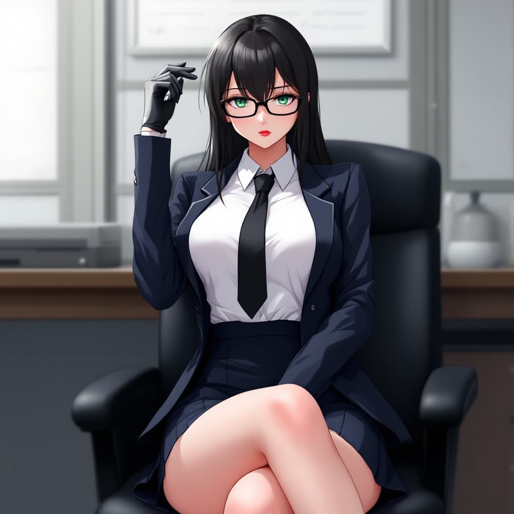 AI generated: anime, woman, black hair, long hair, green eyes, wearing black glasses, red lips, white shirt, black...