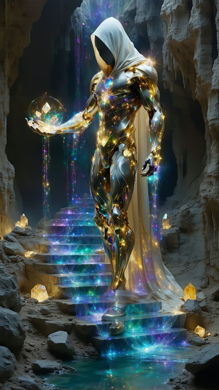 AI generated: A feature hyper-realistic gold, opal quartz, neon hues, silver holographic reflections, and cosmic t...