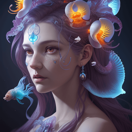 AI generated: Goddess close-up portrait ribcagel. jellyfish phoenix head, nautilus, orchid, skull, betta fish, bio...