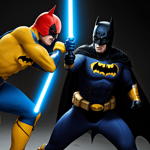 AI generated: YELLOW AND BLUE BATMAN a FIGHTS A BLACK MAN IN A RED SPANDEX SUIT, WITH YELLOW GLOVES AND BOOTS , SU...