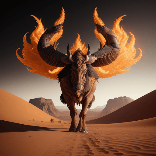 AI generated: taurus walking on a desert of fire, phoenix, intricate artwork . octane render, trending on artstati...