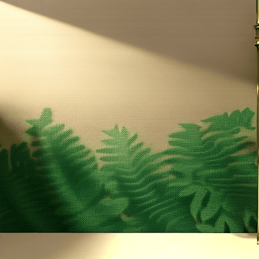 AI generated: Flat lay, material board, fern printed wallpaper big size sample, old brass sample, old rose wall pa...