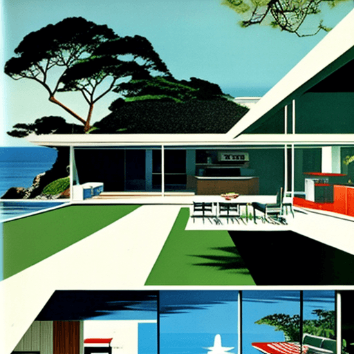 AI generated: Hyper realistic eye level exterior photo of a mid century modern style house overlooking the ocean, ...