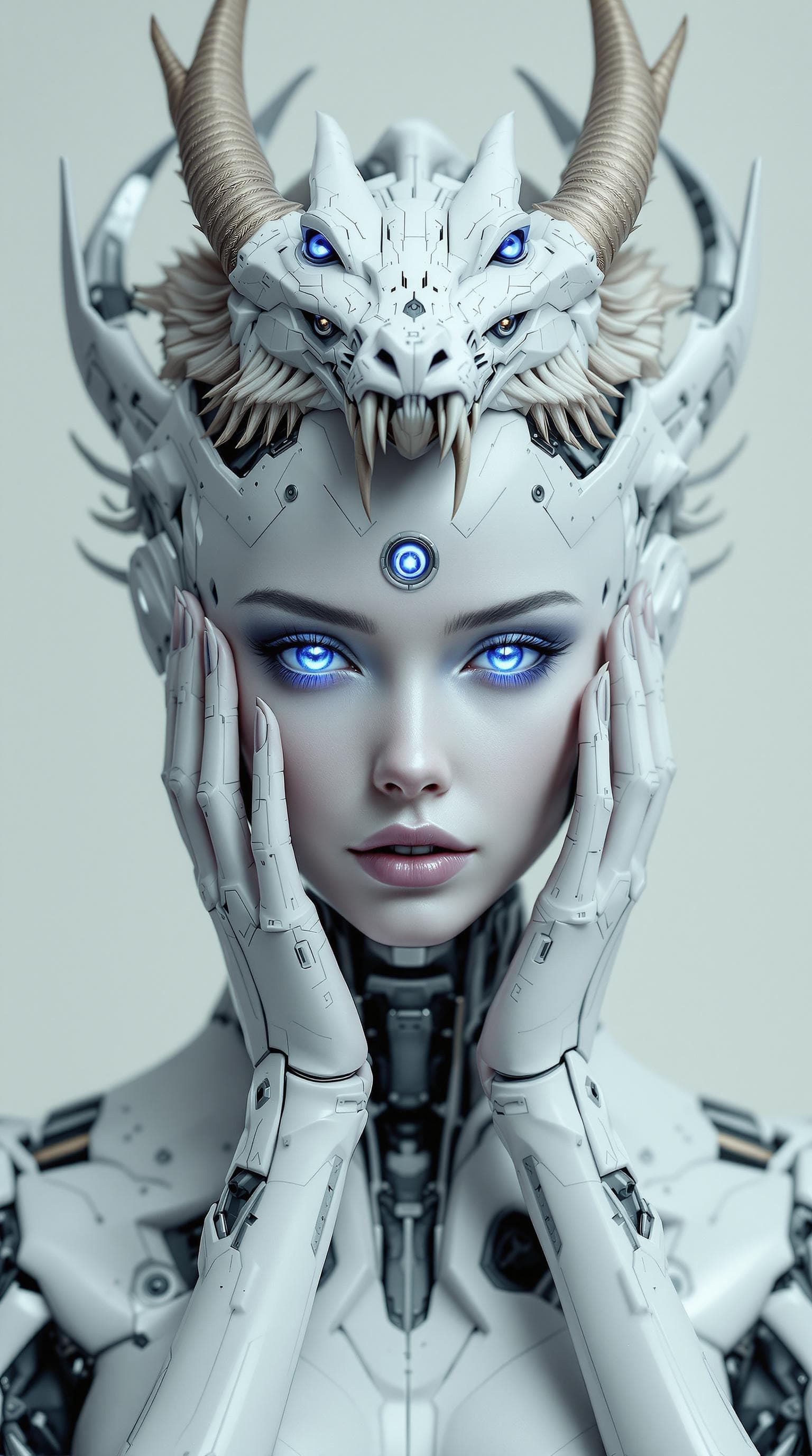 AI generated: a woman with blue eyes and a robot head with a dragon on her forehead and hands on her head, Android...