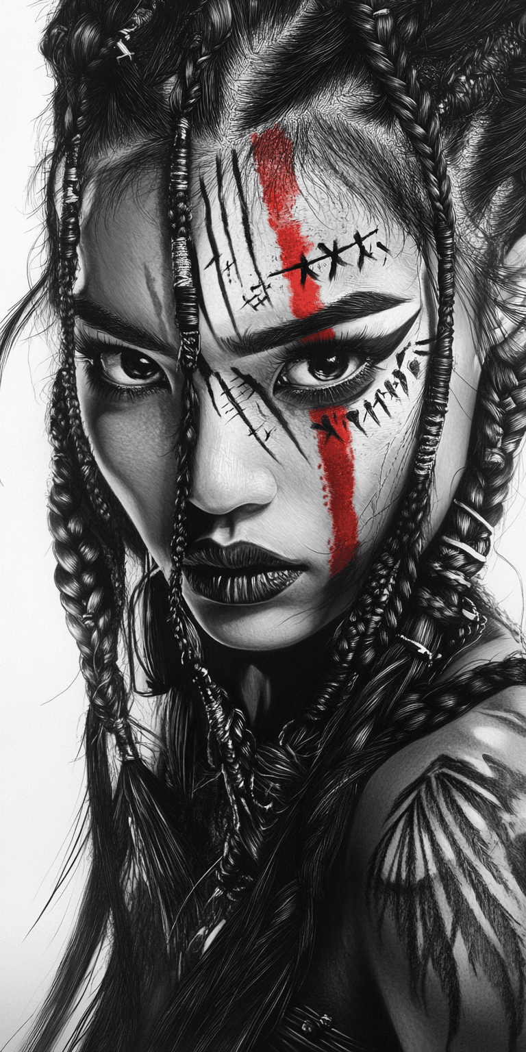 AI generated: black and white drawing of a Asian warrior woman with braided hair, wearing war paint on her face, -...