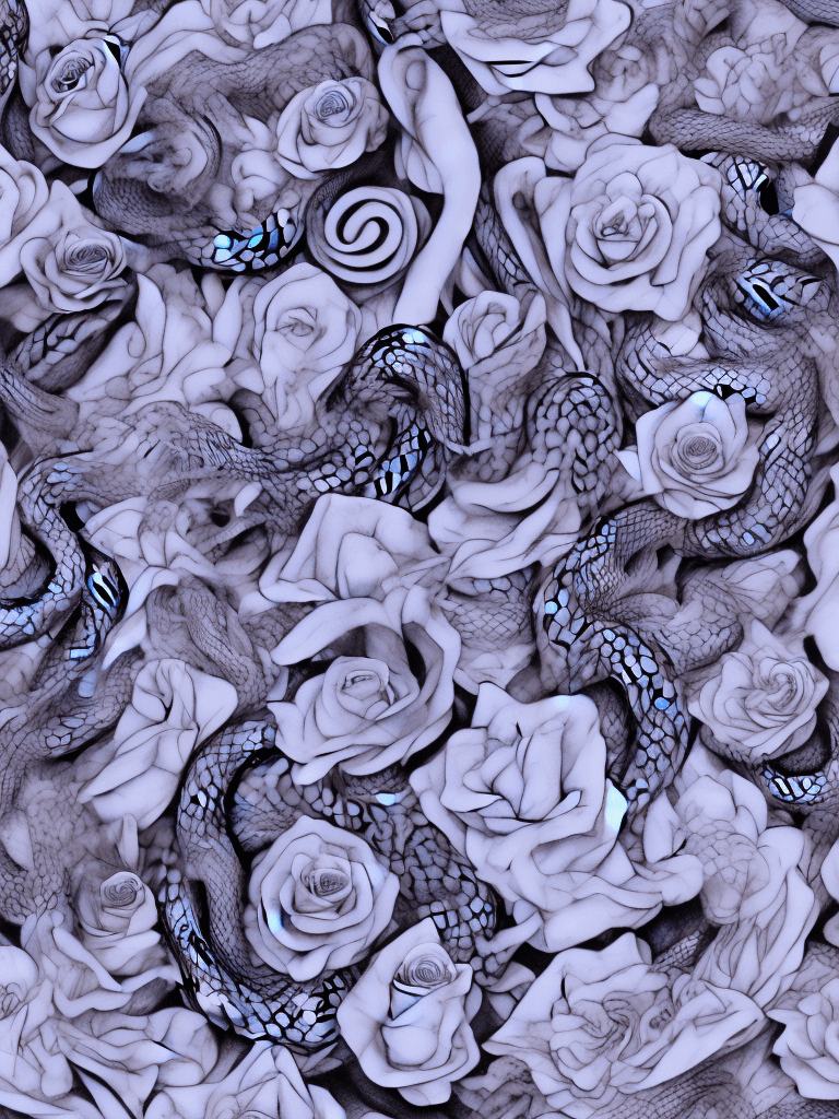 AI generated: snakes, tattoo sketch, smooth transitions, black patterns, more details, more flowers, pions, roses
