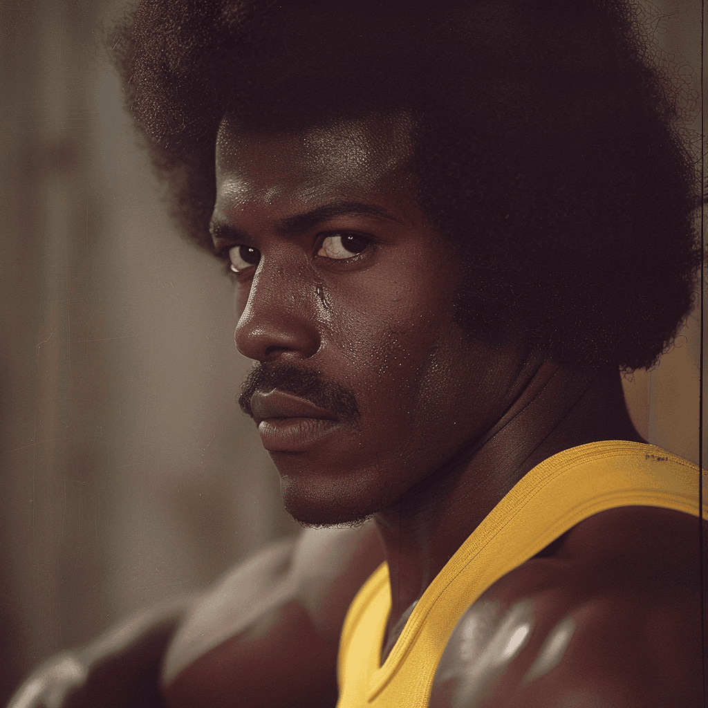 AI generated: Close-up portrait of an Olympic athlete, a muscular black man with an afro wearing a yellow tank top...