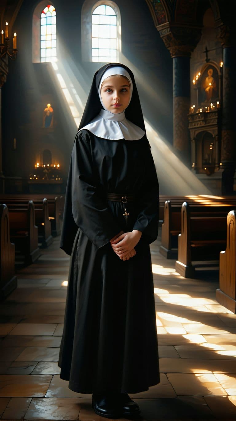 AI generated: Hyper realistic full body view of beautiful 14yo nun, big breastet, delicate hands with long slender...