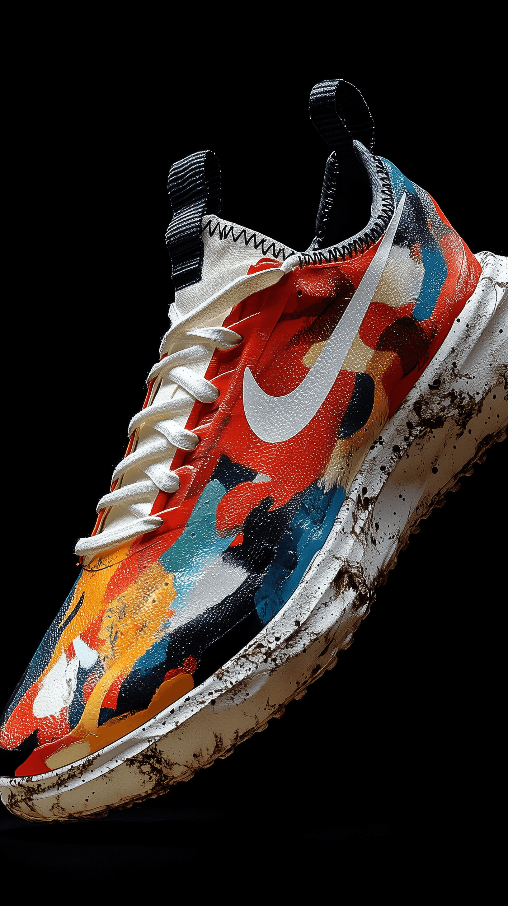 AI generated: artistic painting art, side view, Nike conceptual sneakers design, distinctive vibrant camouflage pa...