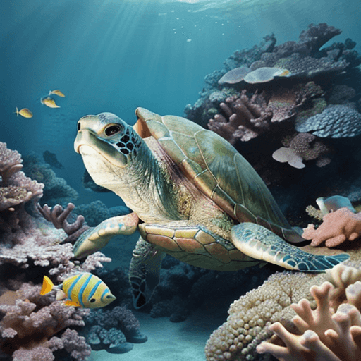 AI generated: Photo of a ultra realistic, small green dreamy turtle looking at us and a deeper dreamy boat wreck, ...