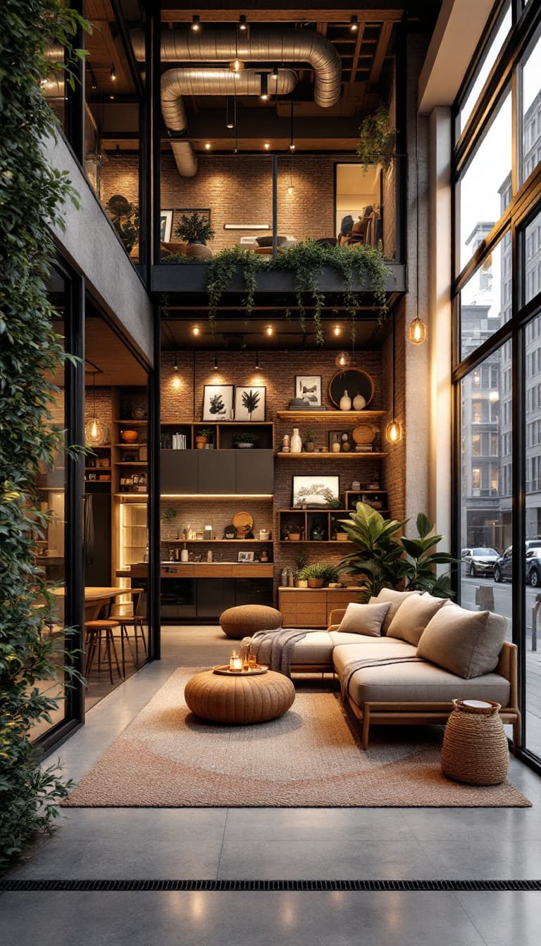 AI generated:  Cozy apartment building, brick and concrete fa\u00e7ade, wooden accents, industrial chic interiors,...