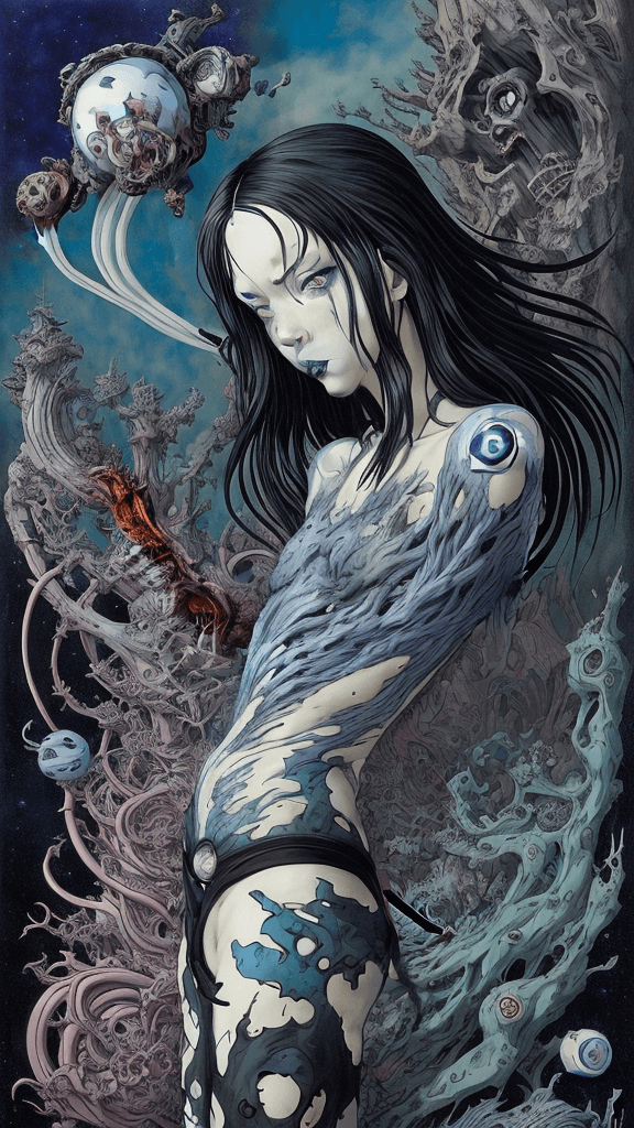 AI generated: layered cartoon by sagisawa fumika and by Gerald Brom, complex horizon , complex nvinkpunk but extre...