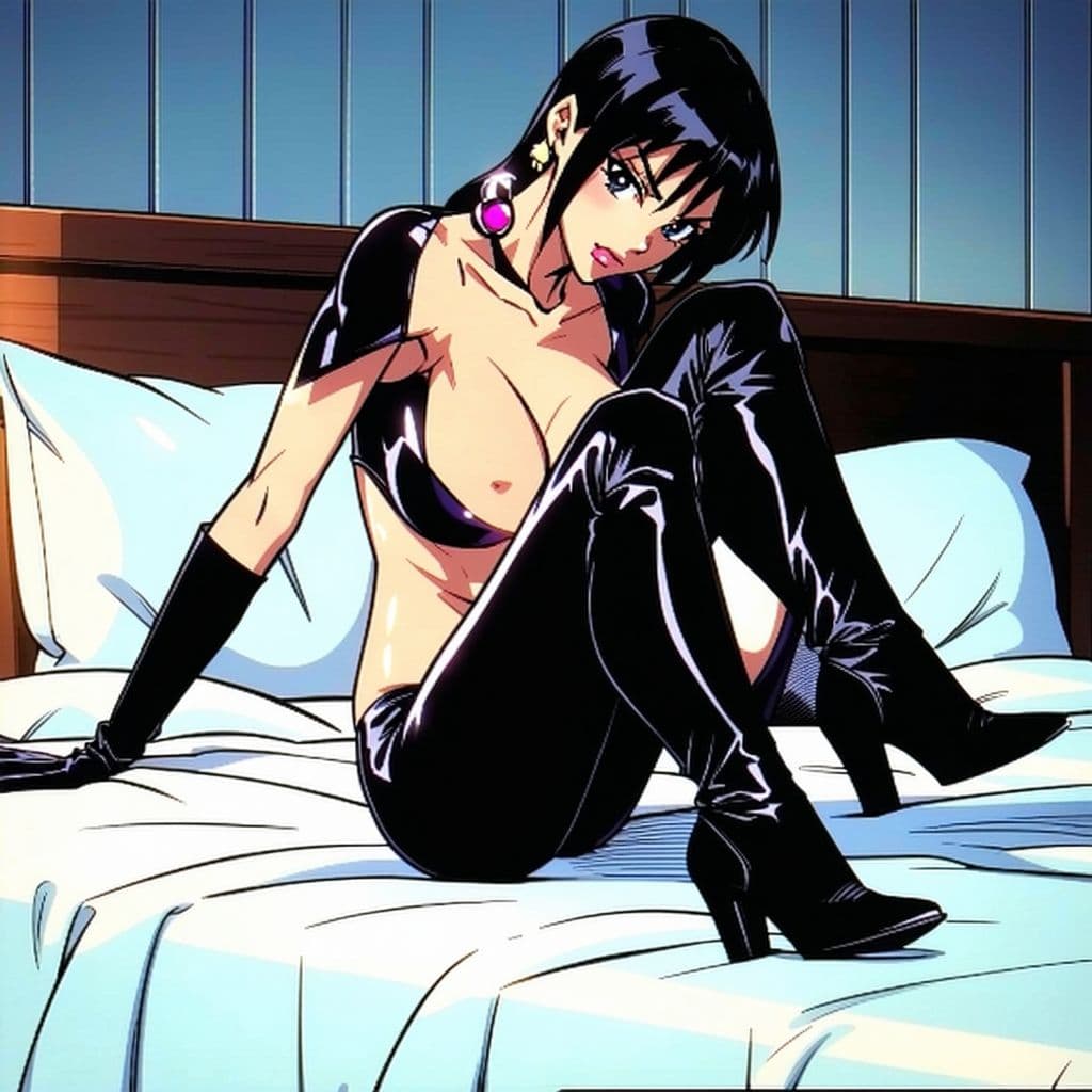 AI generated: Nico Robin fucked in leather boots with dicks cumming on her in DevilHS art style with bed backgroun...