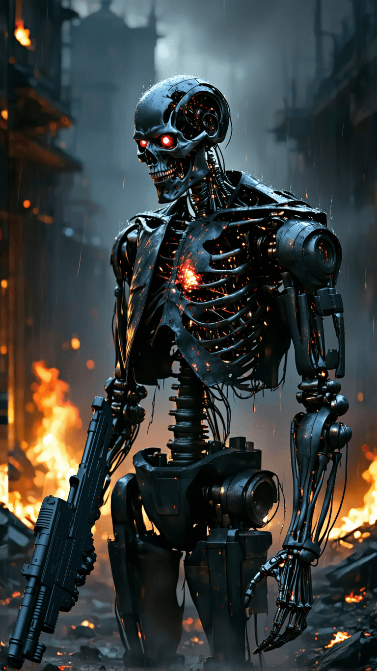 AI generated: A battle-worn T-800 Terminator stands menacingly in a dark, smoke-filled urban warzone, illuminated ...