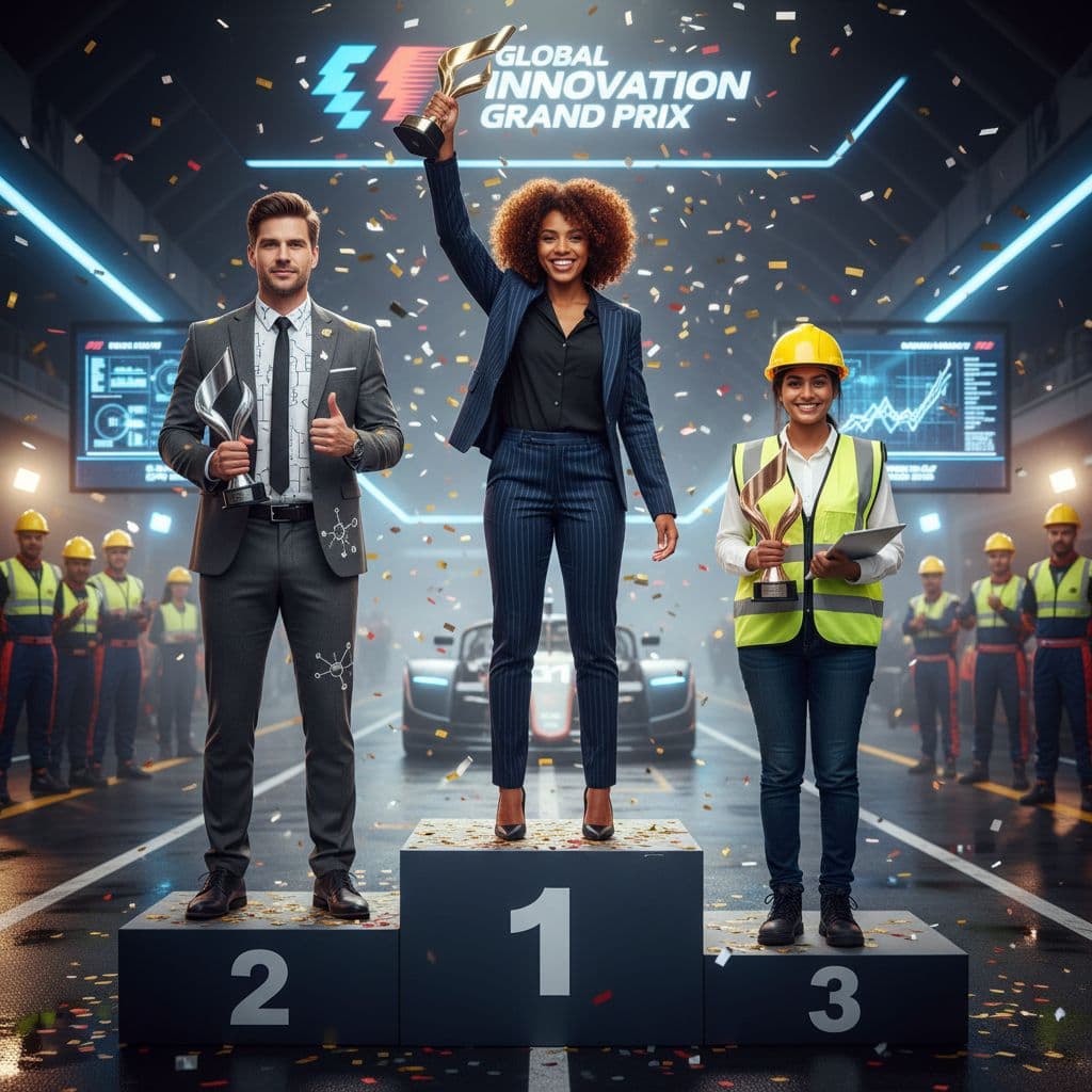 AI generated: Please generate an image with a podium with three people each carrying a trophy. Number 1 is a femal...
