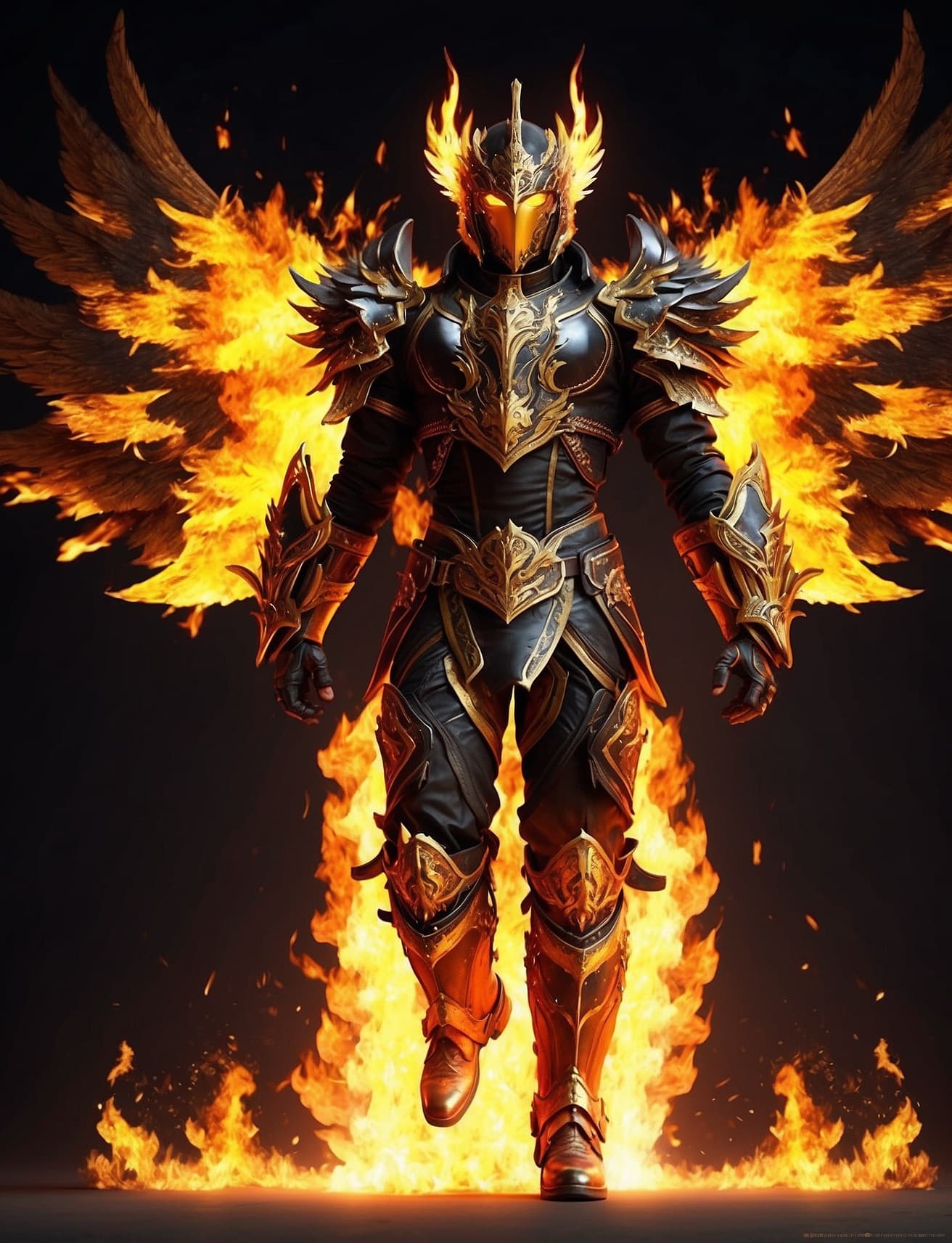AI generated: Black and gold armor burning big flames Lord Fenix with Burning wings facing the camera Avatar