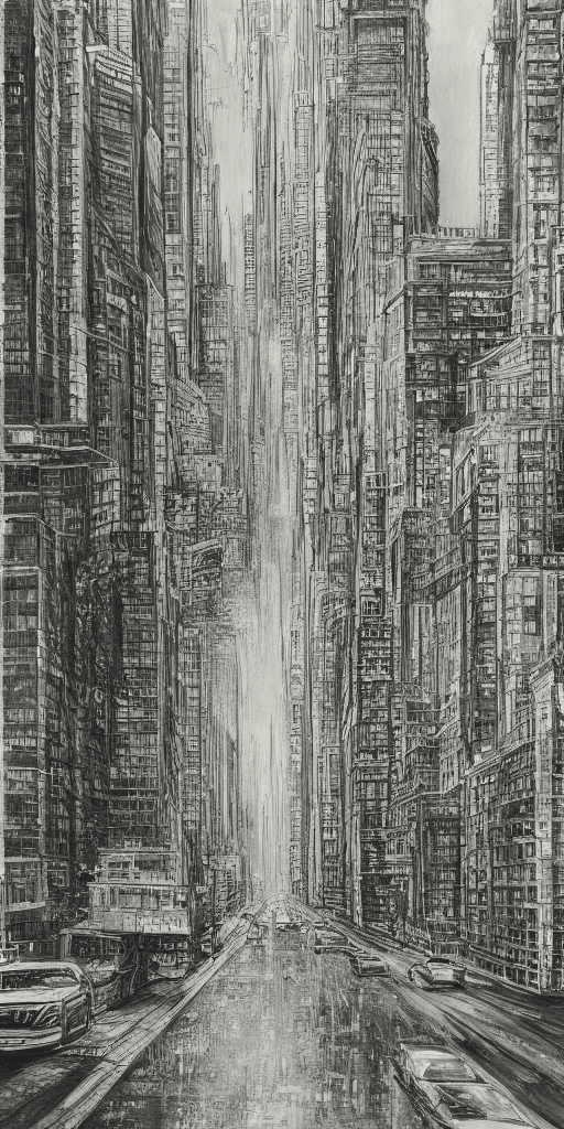 AI generated: Very nice contrast of nature and big city. Drawn with great attention to detail.  The painting must ...