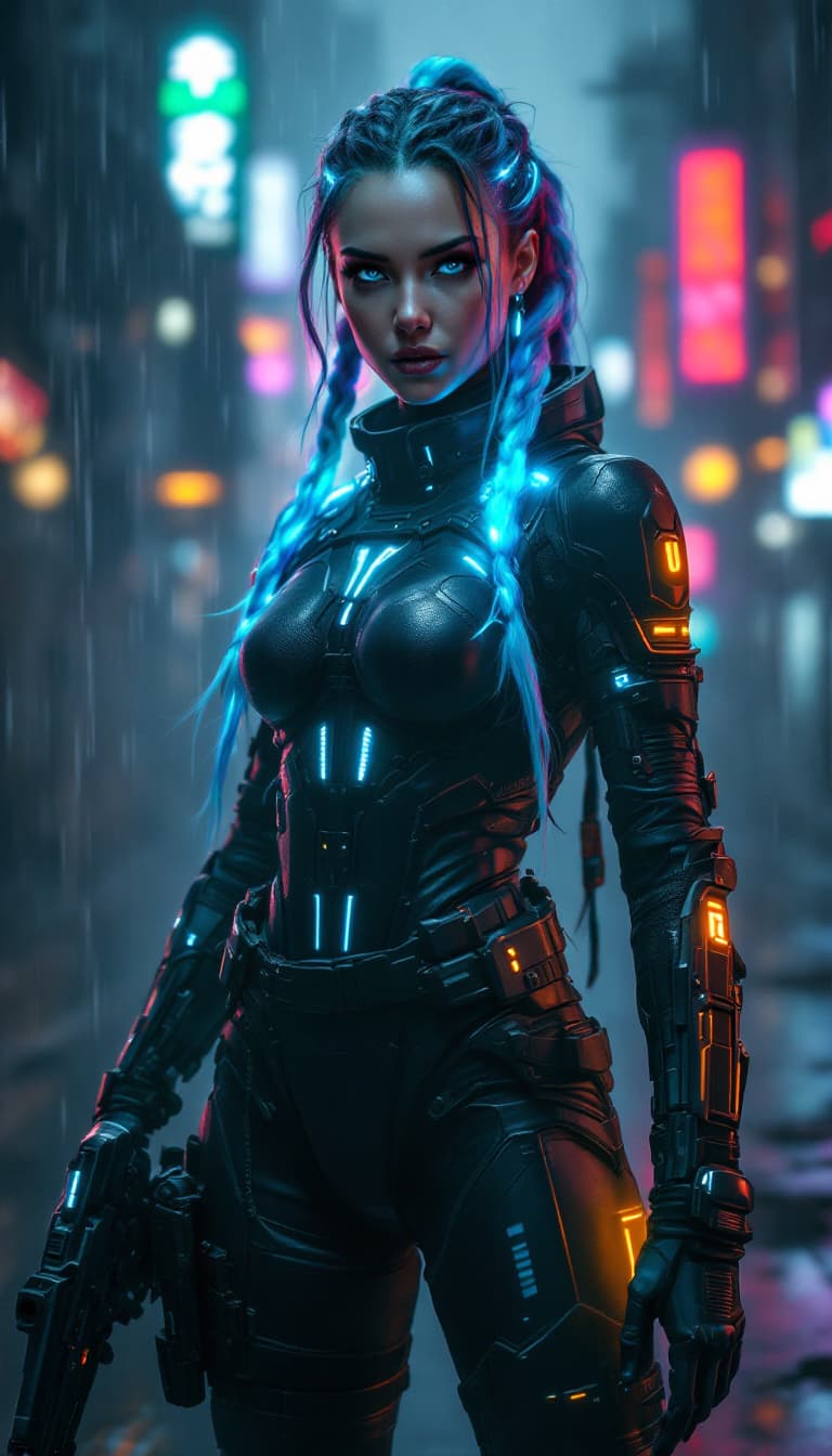 AI generated: An ultra-realistic, full-body portrait of a captivating cyberpunk bounty hunter woman, radiating fie...
