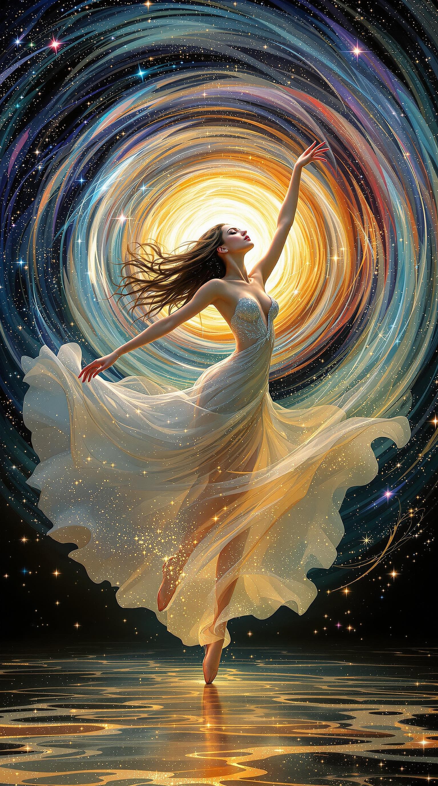 AI generated: A pretty, graceful dancer with a lithe figure, her long, flowing hair seeming to blend with the surr...