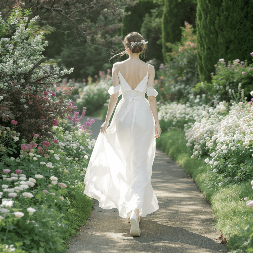 AI generated: A model wearing flowing, airy dress walking gracefully along a winding path in a lush garden surroun...