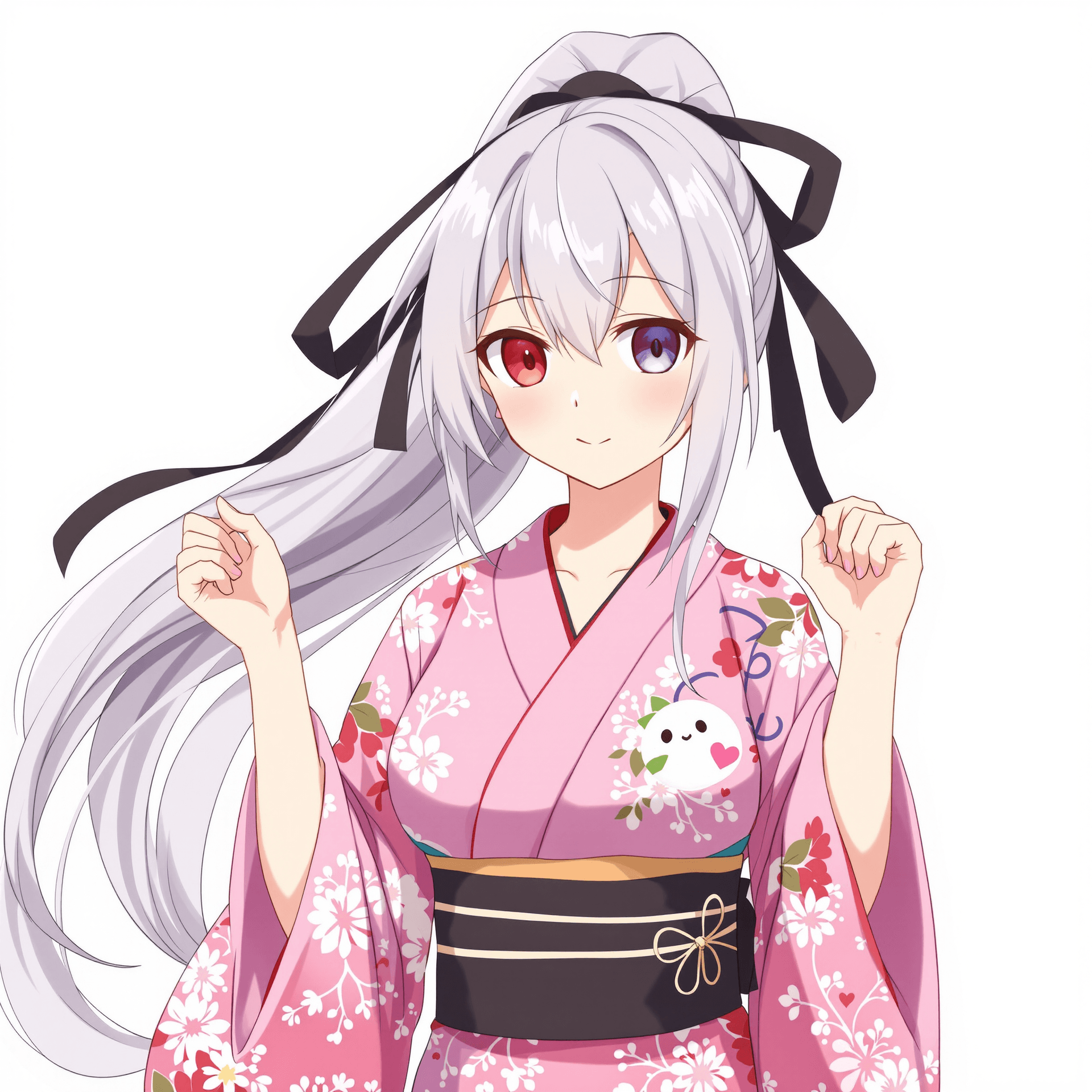 AI generated: ValentineKimono, high ponytail, long hair, grey hair, heterochromia, red eyes, blue eyes, hair ribbo...
