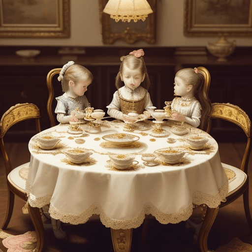 AI generated: A miniature tea party unfolds in a room reminiscent of the Victorian era. Children, adorned in metic...