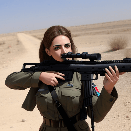 AI generated: A beautiful Israeli woman, in a military dress,  with a modern rifle in her hands, aiming to shoot