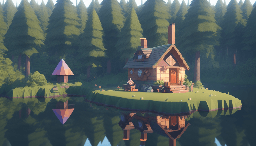 AI generated: Far view of cute little girl walking past a cute cozy interesting majestic low poly wizard's hut wit...