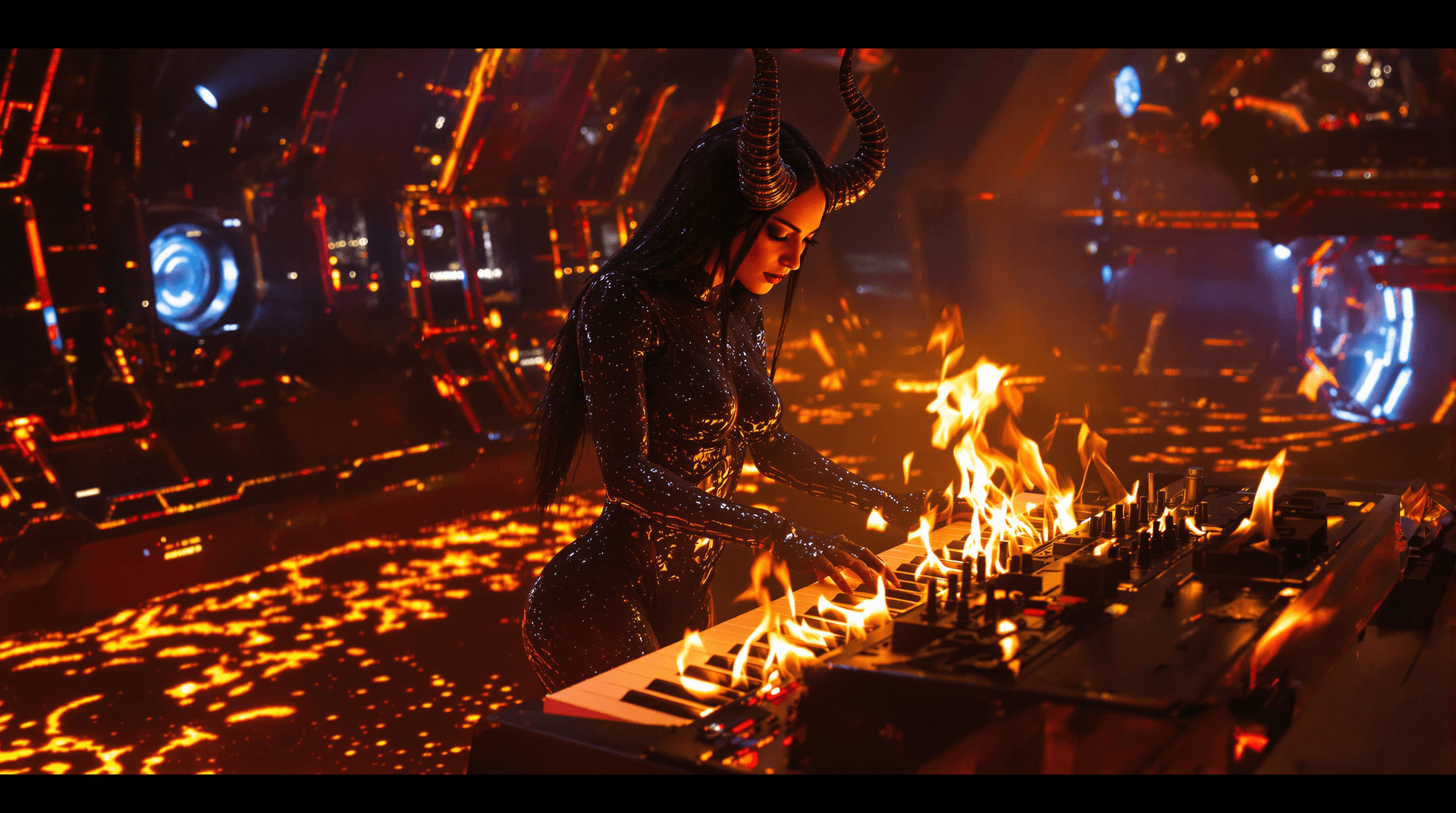 AI generated: High-angle shot, left side of a female red demon character, bathed in warm, golden light, reminiscen...