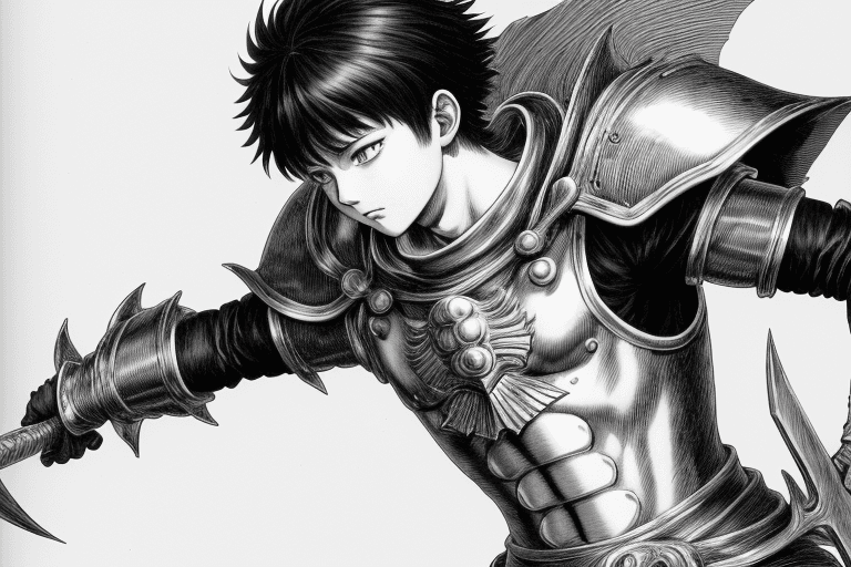 AI generated: monochrome, a little boy, brown hair with tuft, in golden armor, manga, ((without helmet)), berserk ...