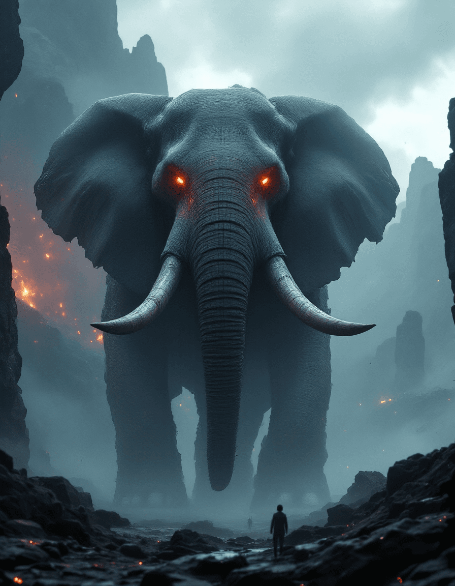 AI generated: Ferocious futuristic terrifying giant elephant. Epic cinematic dramatic dystopian futuristic scene. 