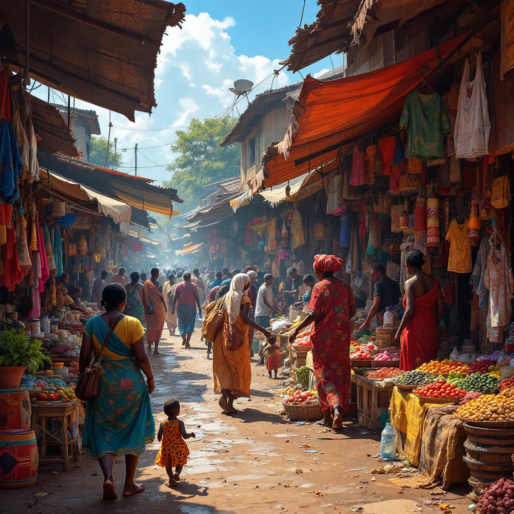 AI generated: Bustling Kenyan market with vibrant stalls, rich colors, 4k resolution, detailed patterns, tradition...