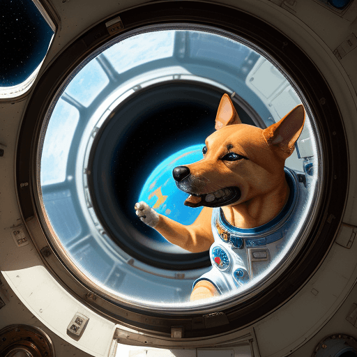 AI generated: dog in the space suit steering the soviet space ship, looking out the round window
 