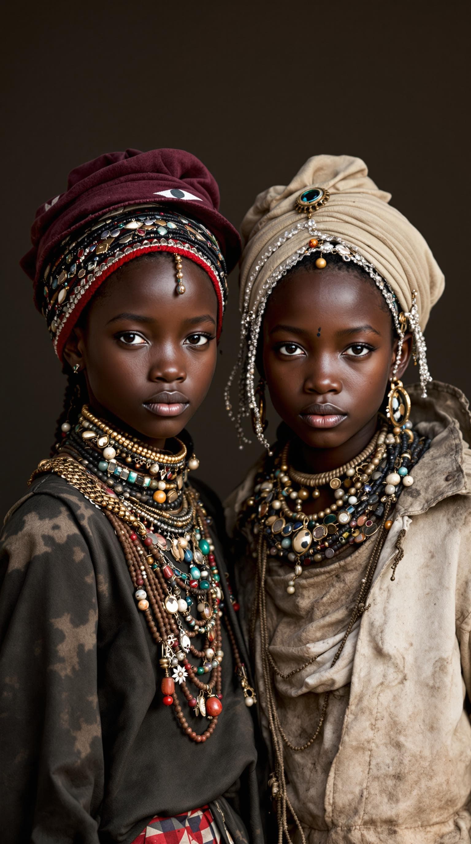 AI generated: Two young African girls, 16 years old, with hats and jewelry on their heads. One of them is in moder...