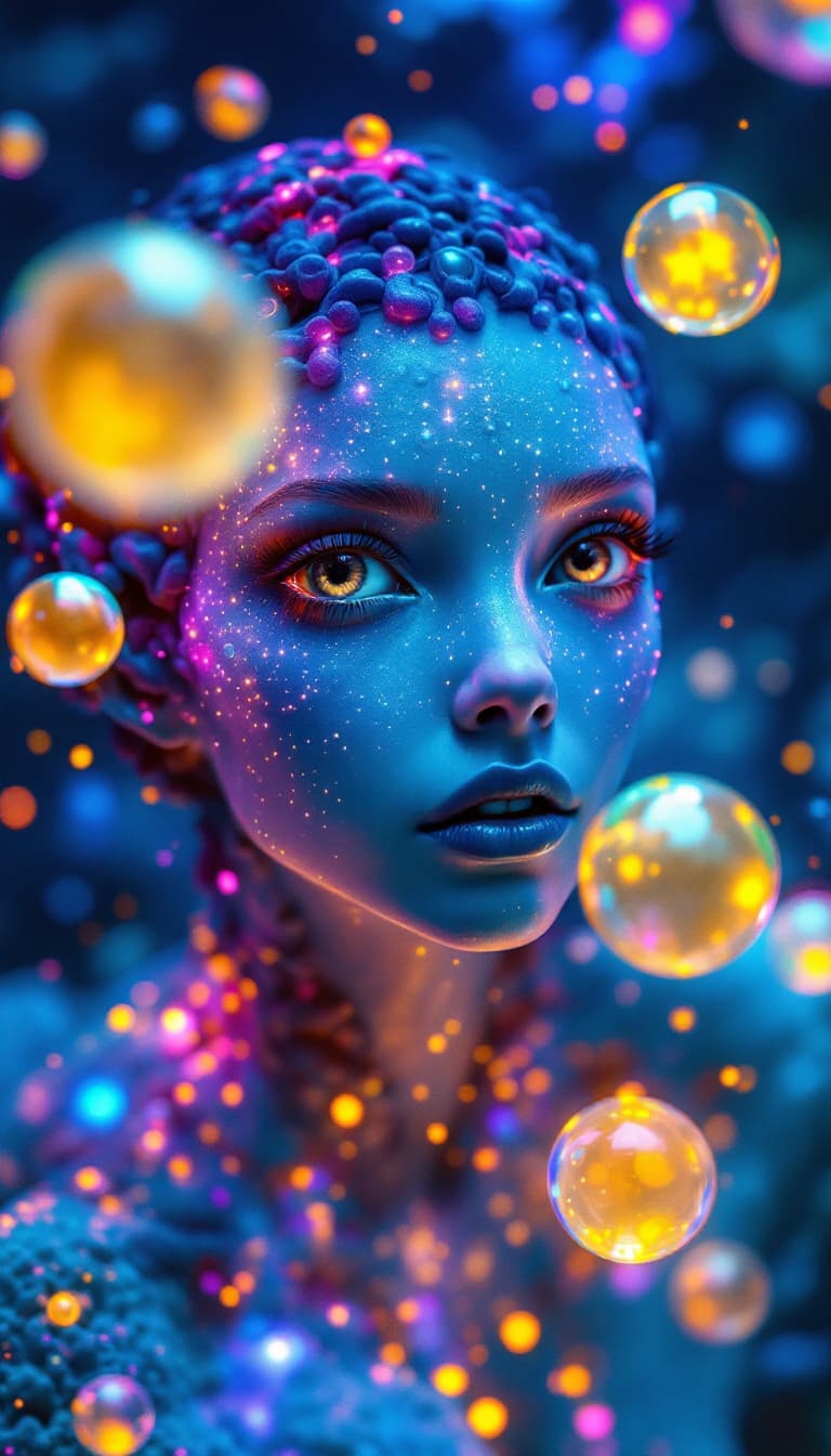 AI generated: Surreal 4k painting of an alien princess with expressive brown eyes and cosmic features. Her skin ap...