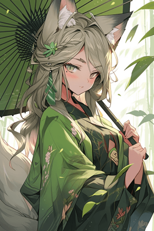 AI generated: A mischievous fox spirit in a flowing kimono, holding leaf patterned fan, captivating green eyes, ep...