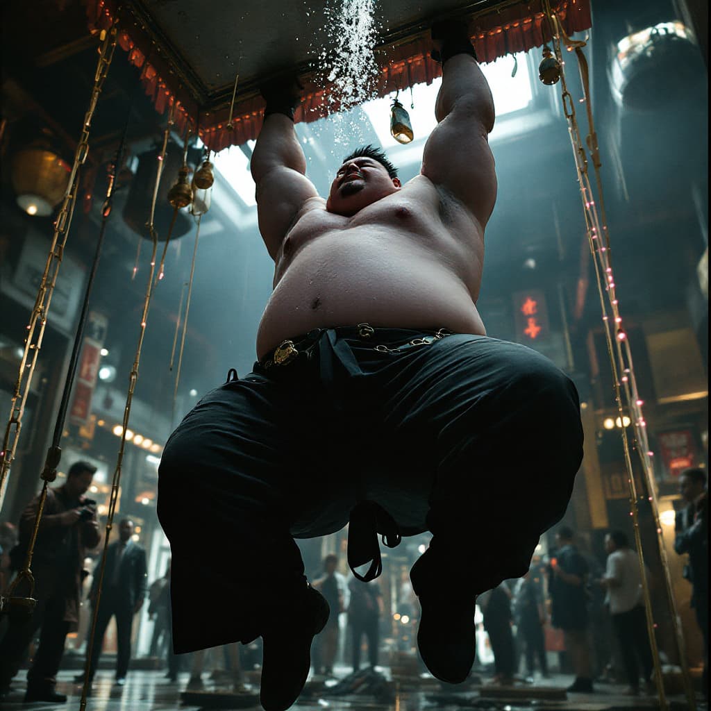 AI generated: medium shot of a super fat guy, zumo fighter hanged from the ceiling like the bjork shot made by ara...