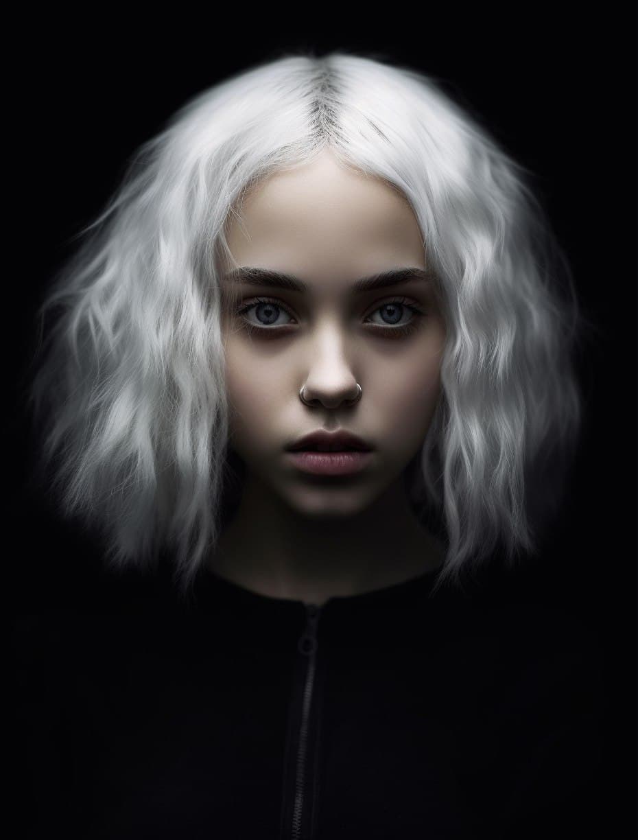 AI generated: hair, sombre mood, unusually unique beauty, portrait of vanessa morgan, demna gvasalia, daughter, bl...
