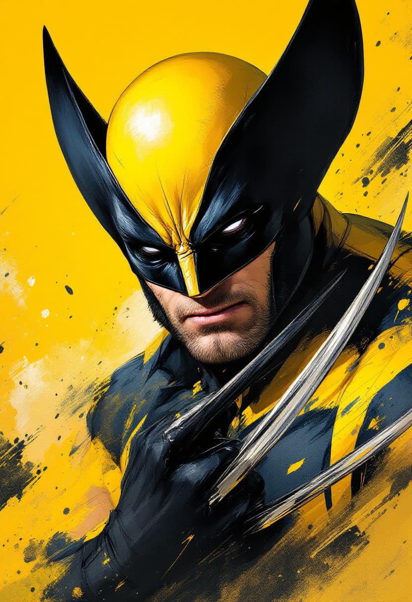 AI generated: 45 degree angled portrait. Dynamic pose. Wolverine, masked, in yellow, showing sharp claws as weapon...