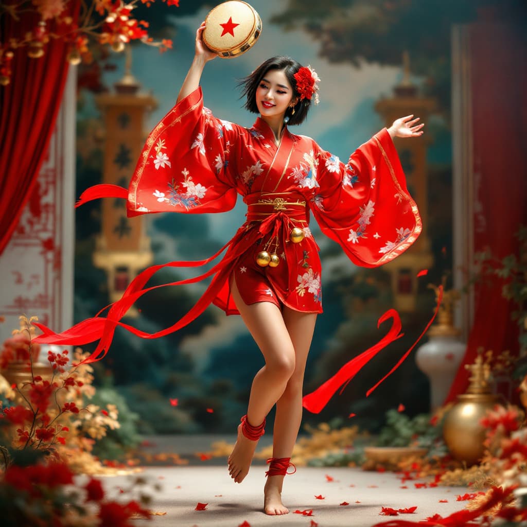 AI generated: Full body view of a beautiful corean woman, short black hair, flower in hair, Very short red flored ...