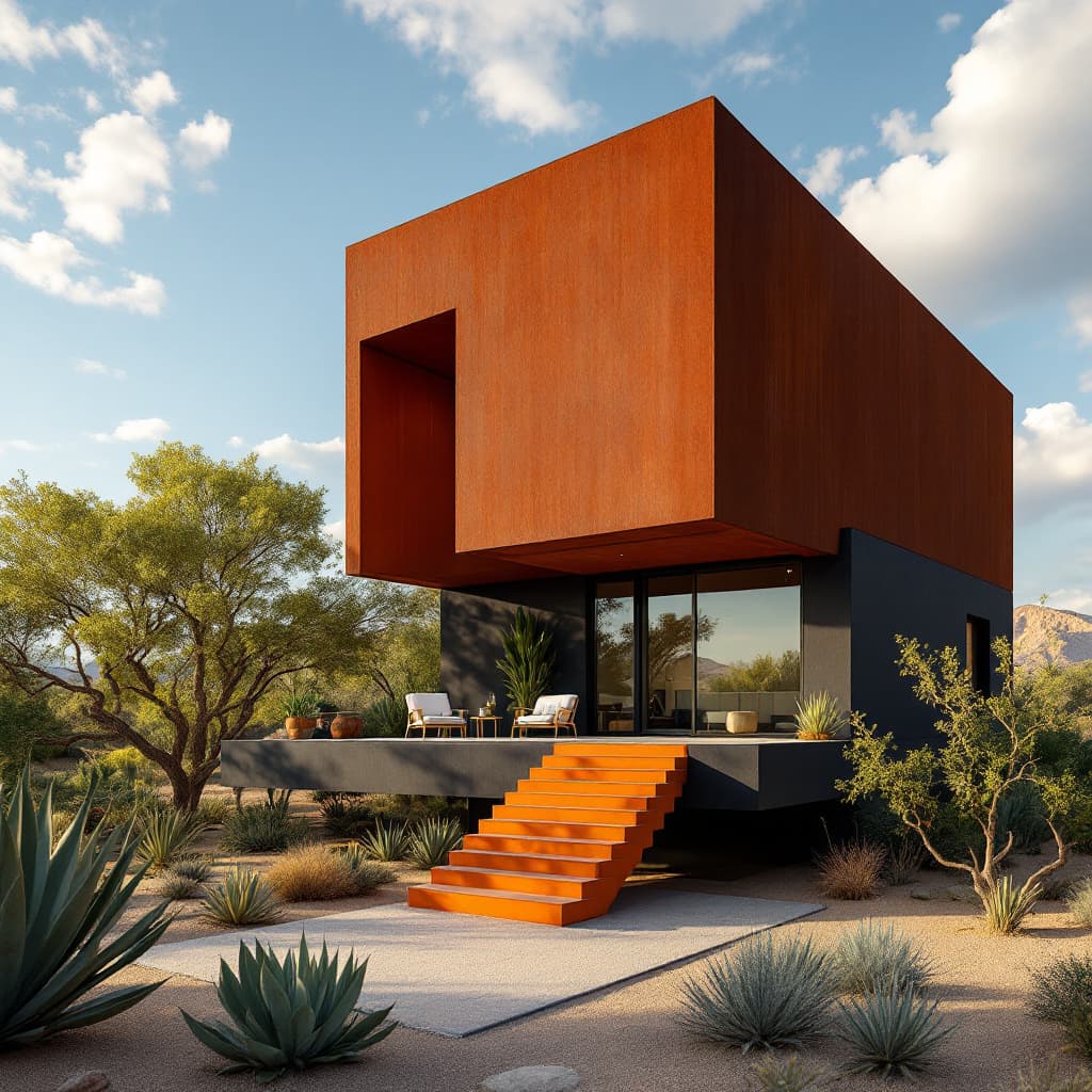 AI generated: High resolution photography of a modern minimalist house set in an arid desert landscape, featuring ...